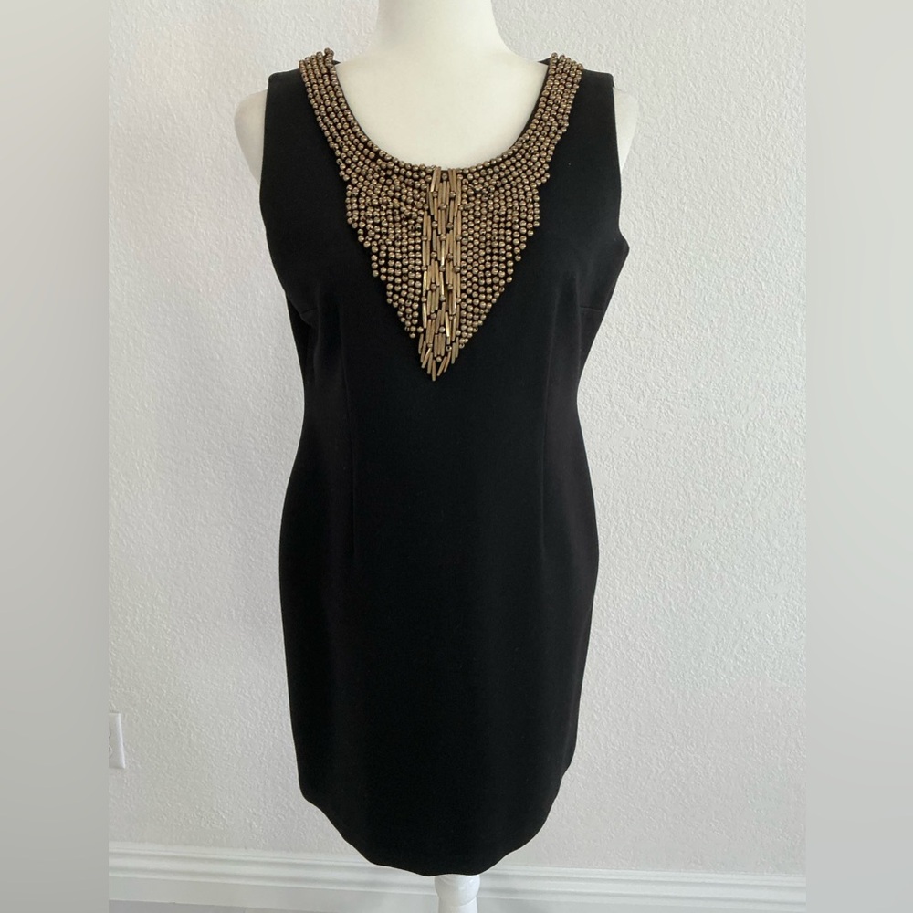 Black Sleeveless Dress with Gold Beaded Neckline